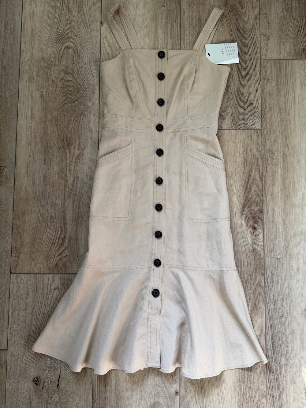 A.L.C. Beige Button-Front Midi Dress with Fluted Hem
